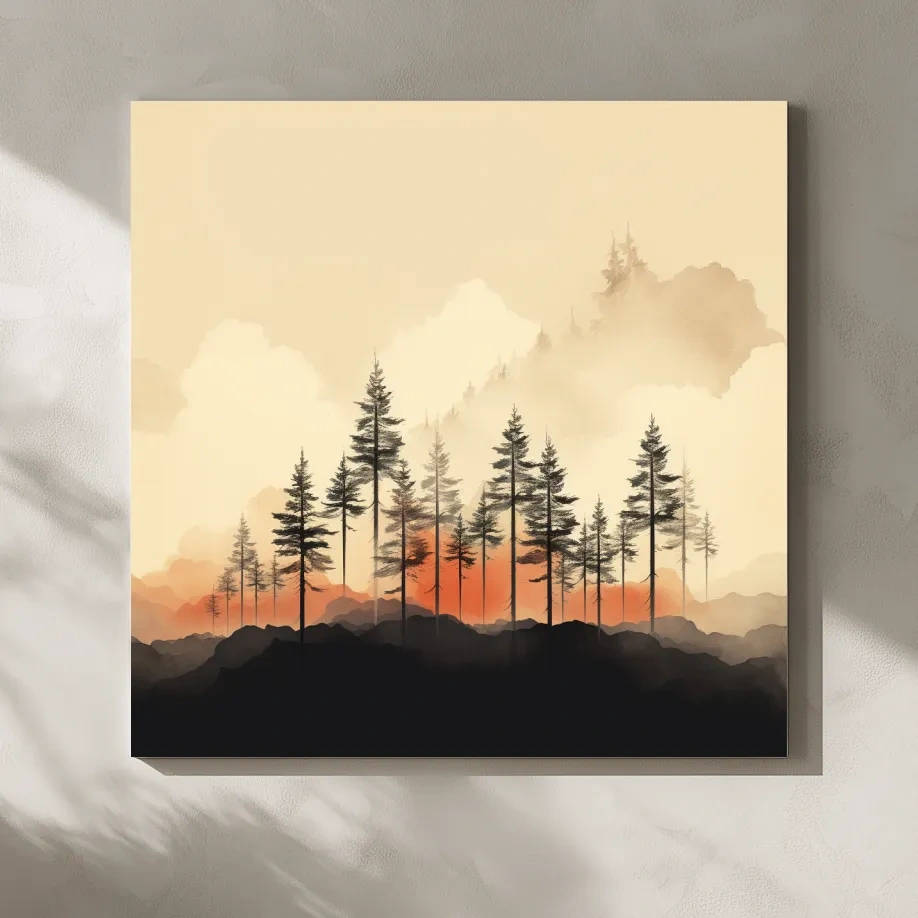 Misty Pine Forest Silhouettes At Sunrise - Minimalist Watercolor Mountain Wall Art