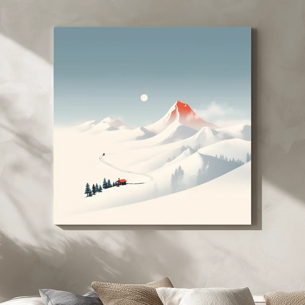 Minimal mountain art, skier leaves skin tracks from the cabin