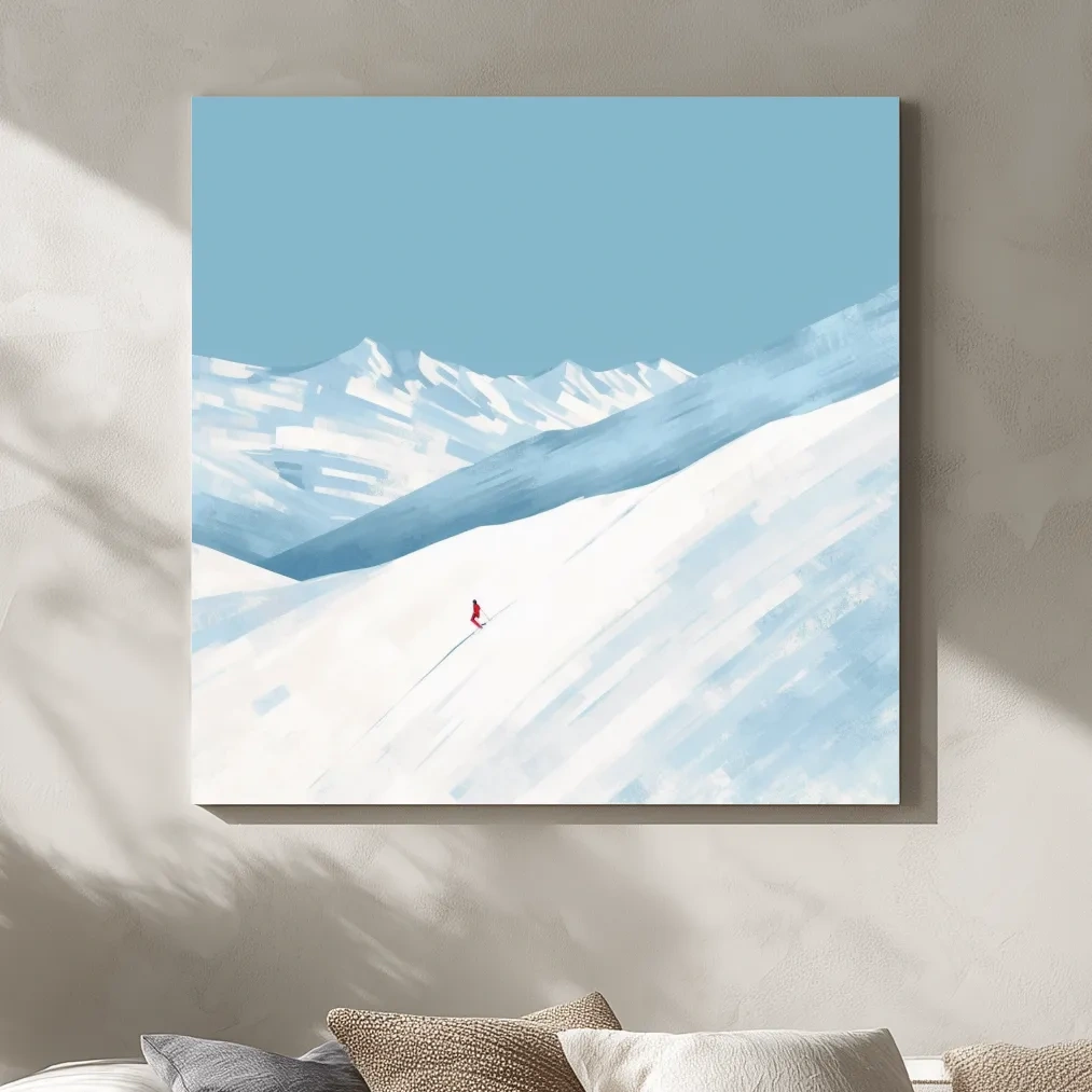 Minimalist Snowy Mountain Skier Painting - Alpine Winter Wall Art