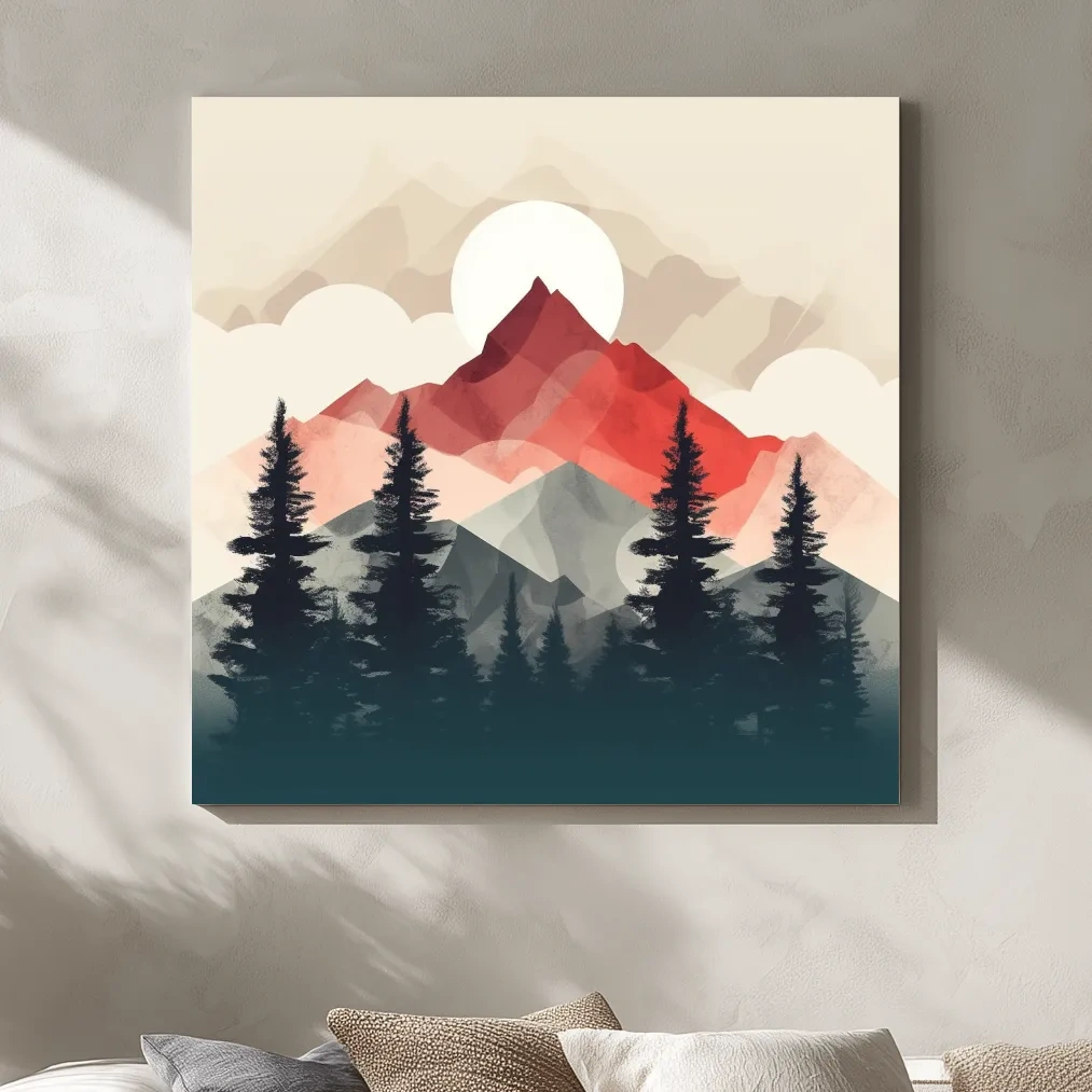 Minimal Alpine Mountain Sunrise - Pine Forest Wall Art