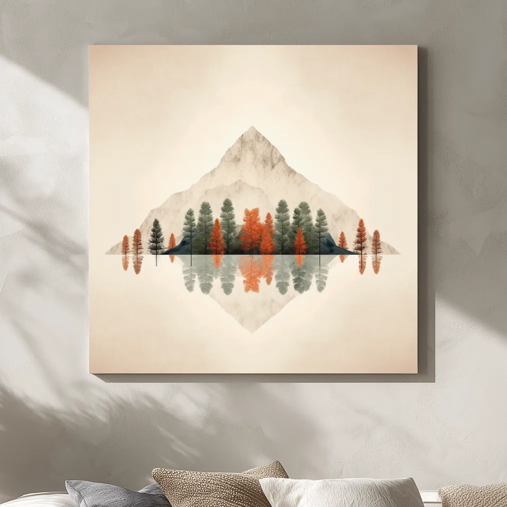 Minimalist Minimal Mountain Lake Reflection Painting - Autumn Pine Forest Artwork