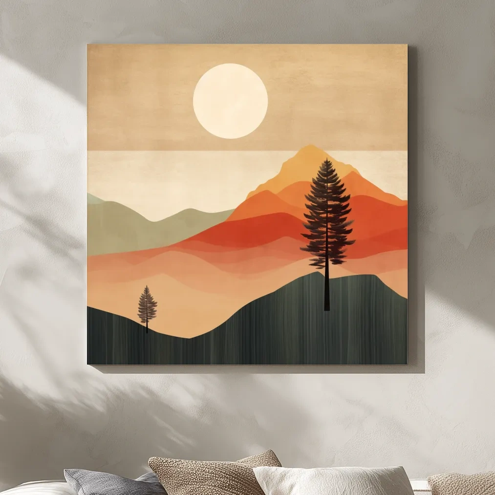 Mimimalist mountain art, sunset over the mountains