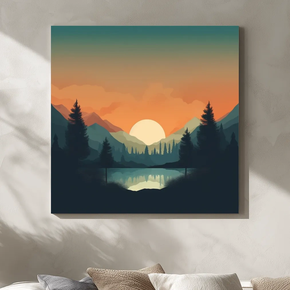 Minimalist Sunset Mountain Lake Reflection - Serene Scandinavian Artwork