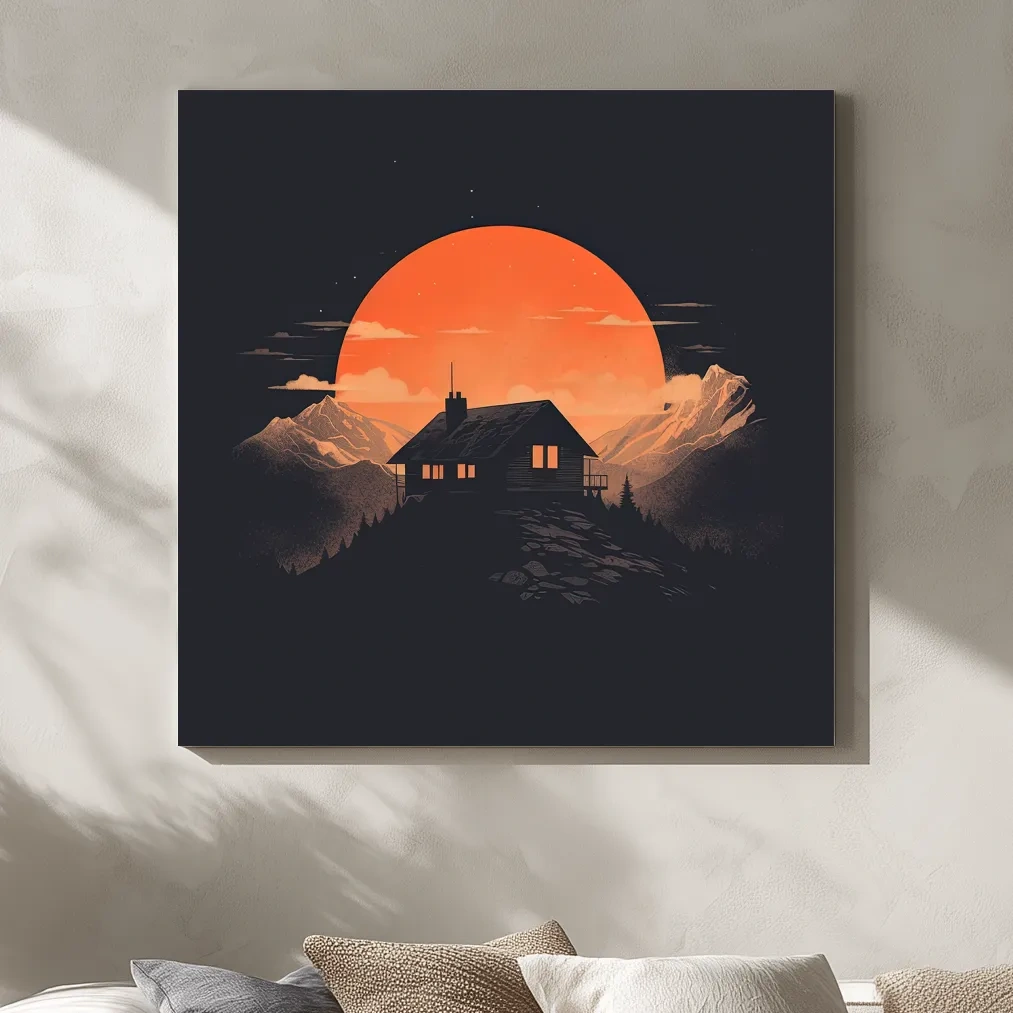 Minimal art, cabin at sunset