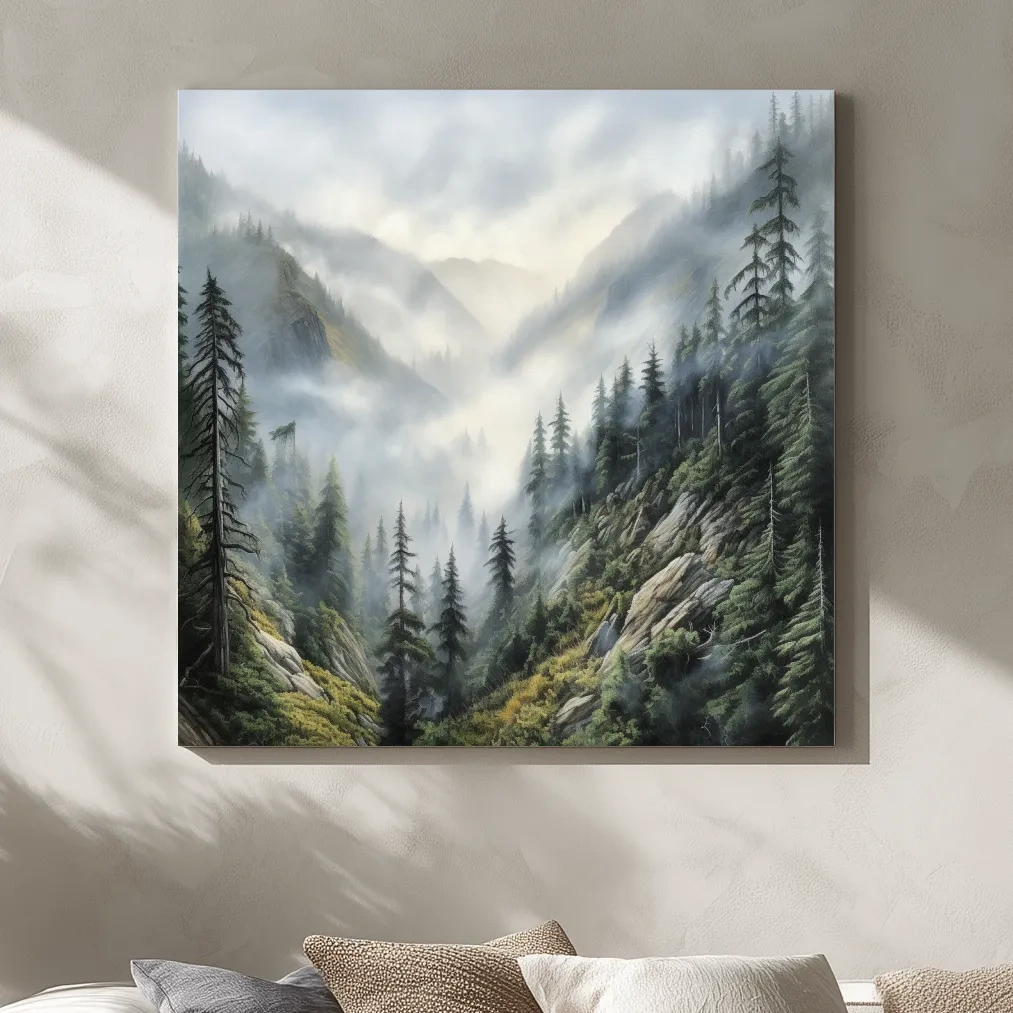 Painting of fog rolling through the mountains and trees