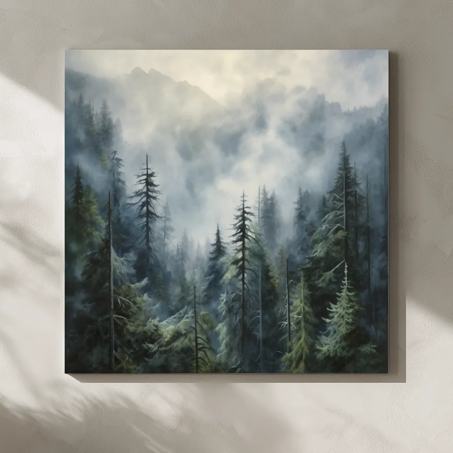 Moody Misty Pine Forest Mountains - Atmospheric Landscape Painting Wall Art