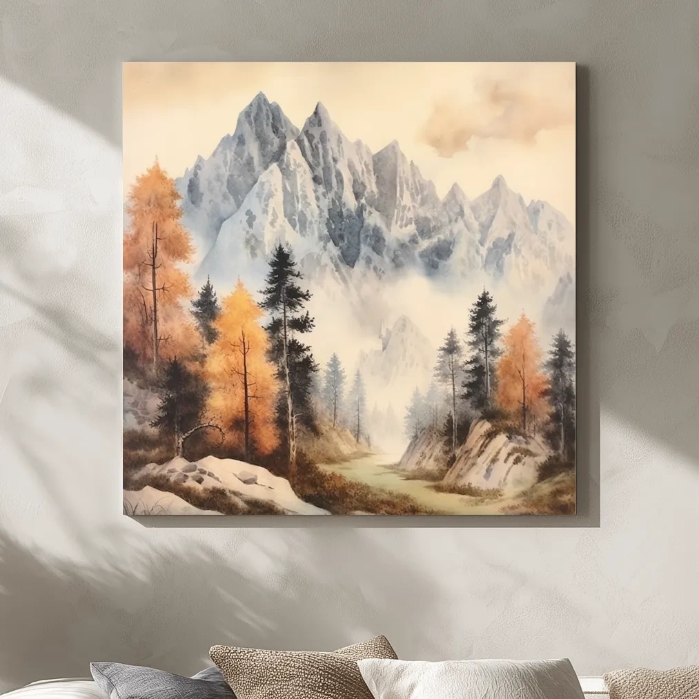 Watercolour painting of mountains and trees
