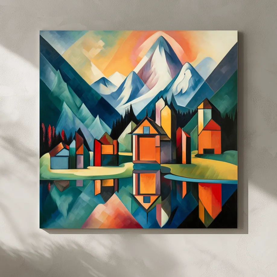Colorful Geometric Alpine Village Lake Painting - Modern Abstract Mountain Wall Art