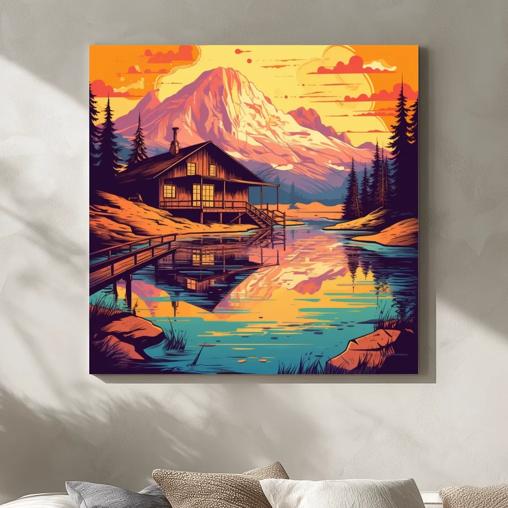 Colourful illustration of a cabin by an alpine lake at sunset