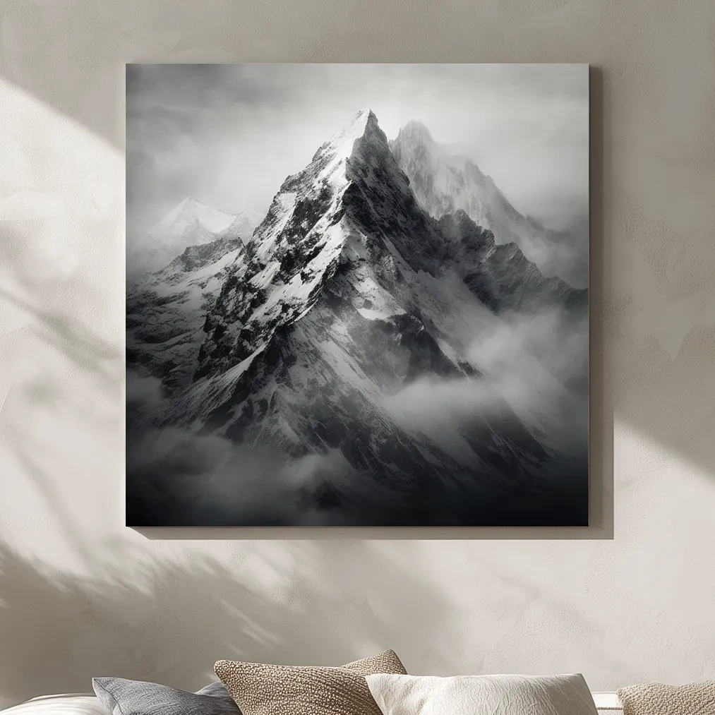 Photographic art, ominous snowy peaks in the clouds