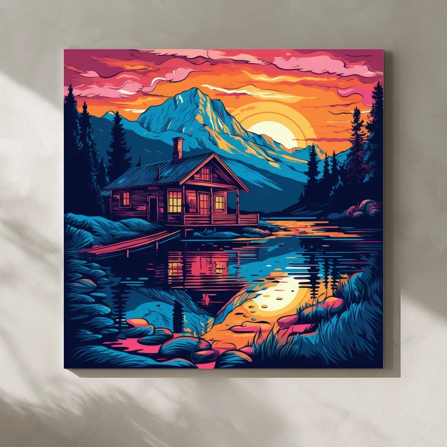 Vibrant Retro Alpine Lake Cabin Sunset - Vector Mountain Wall Art