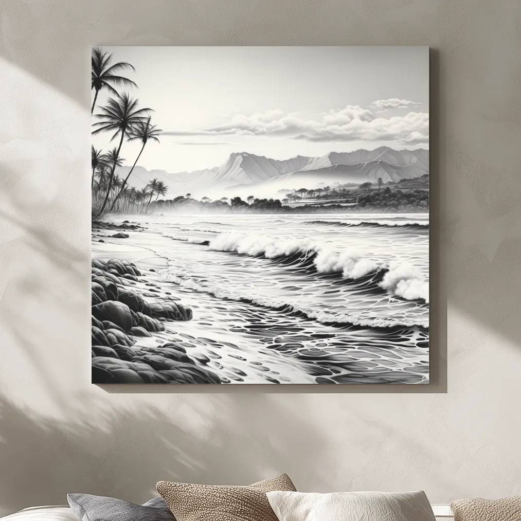Black and white drawing of a tropical beach mountain scene