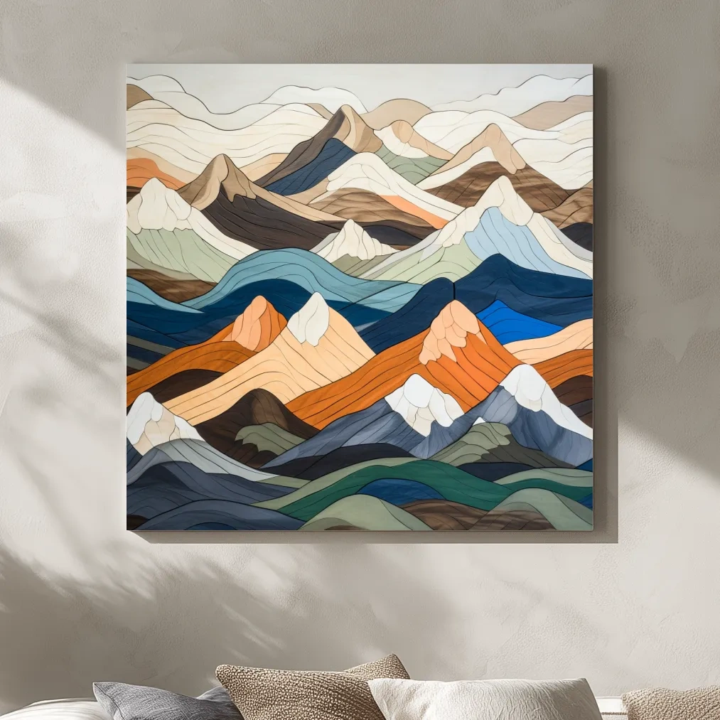 Wooden art, snow mountain peaks