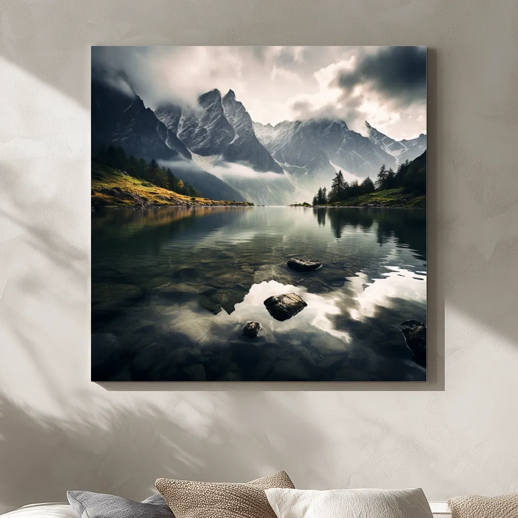 Photographic art, dramatic clouds over an alpine lake