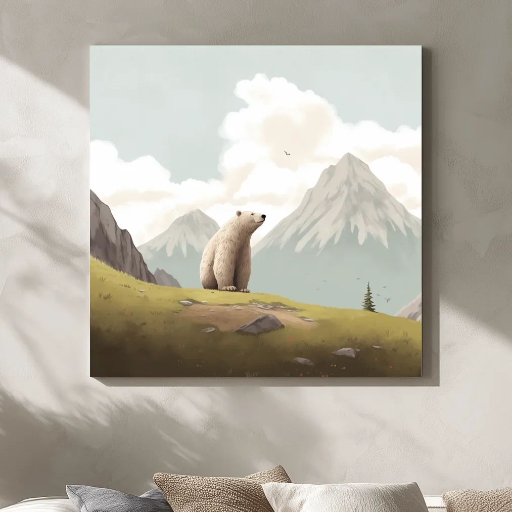 Illustration of a happy bear chilling in the alpine 