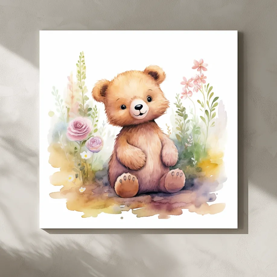 Cute Watercolor Teddy Bear With Pastel Flowers - Nursery Animal Wall Art