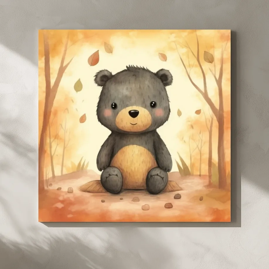 Cute Watercolor Teddy Bear Forest Illustration - Whimsical Nursery Wall Art