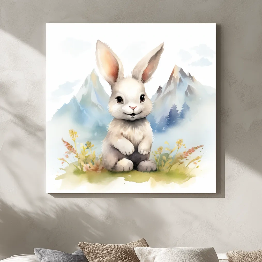 Nursery art - watercolor painting of a cute bunny rabbit in the mountains
