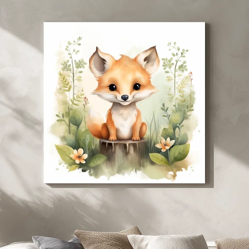 Watercolor nursery art illustration, a cute fox cub sitting on a log