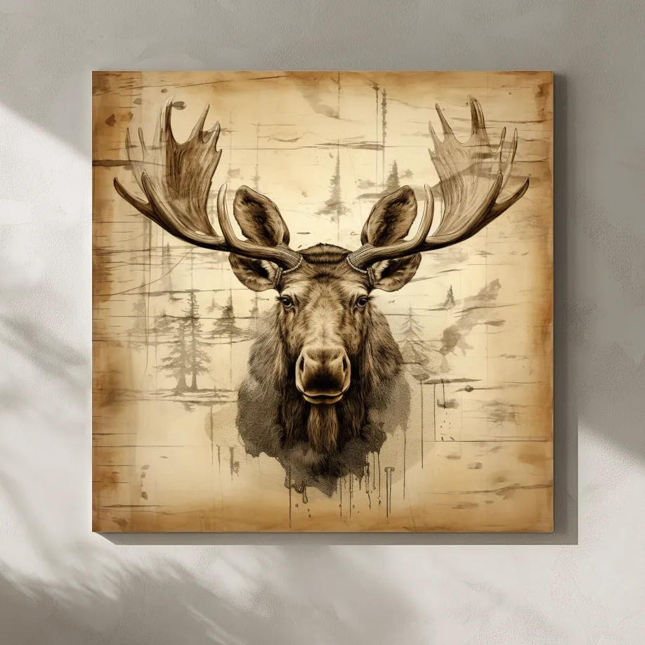Rustic Sepia Moose Portrait Sketch - Vintage Lodge Wildlife Wall Art