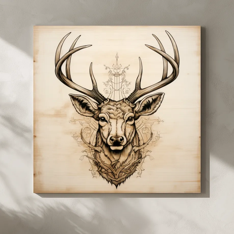 Ornate Deer Head on Wood Sketch Illustration - Rustic Wildlife Wall Art