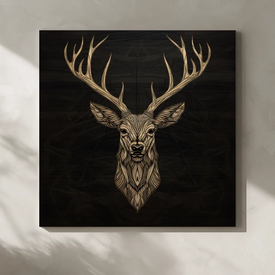 Elegant Geometric Deer Head Line Art - Rustic Woodcut Style Wildlife Artwork