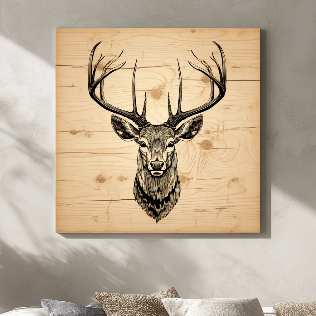 Engraved wood art of deer head