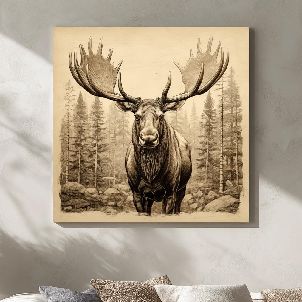 Majestic Moose Portrait Sketch - Vintage Sepia Wildlife Wall Art