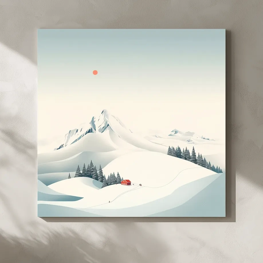 Minimalist Snowy Mountain Cabin Landscape - Winter Wall Art