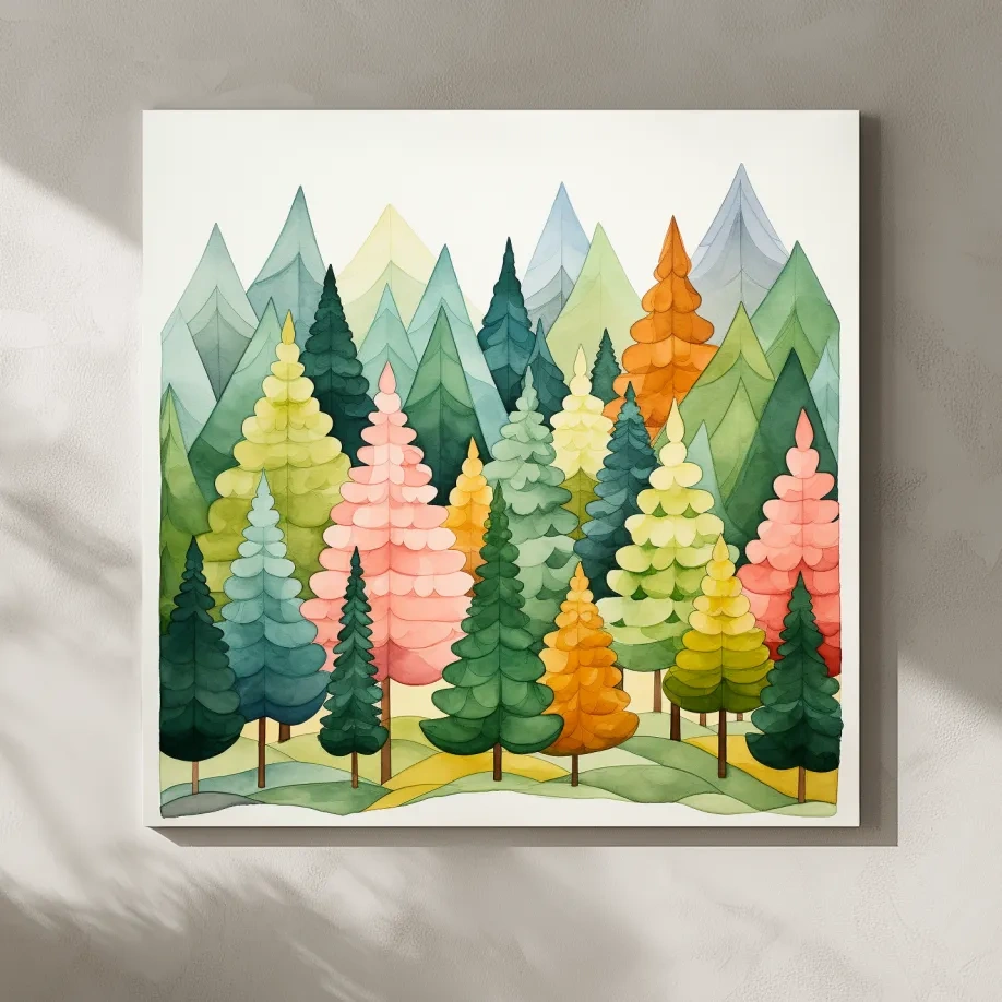 Whimsical Watercolor Pine Forest Mountains - Pastel Nursery Childrens Wall Art