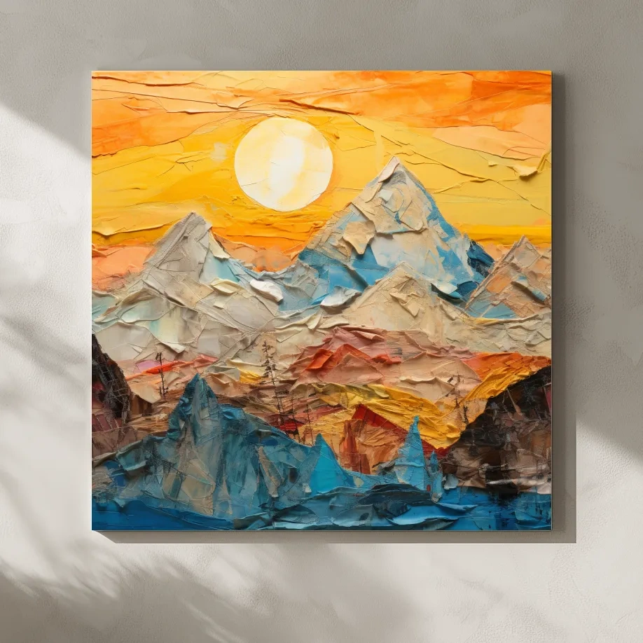 Collage Mountain Sunrise Painting - Warm Abstract Landscape Wall Art