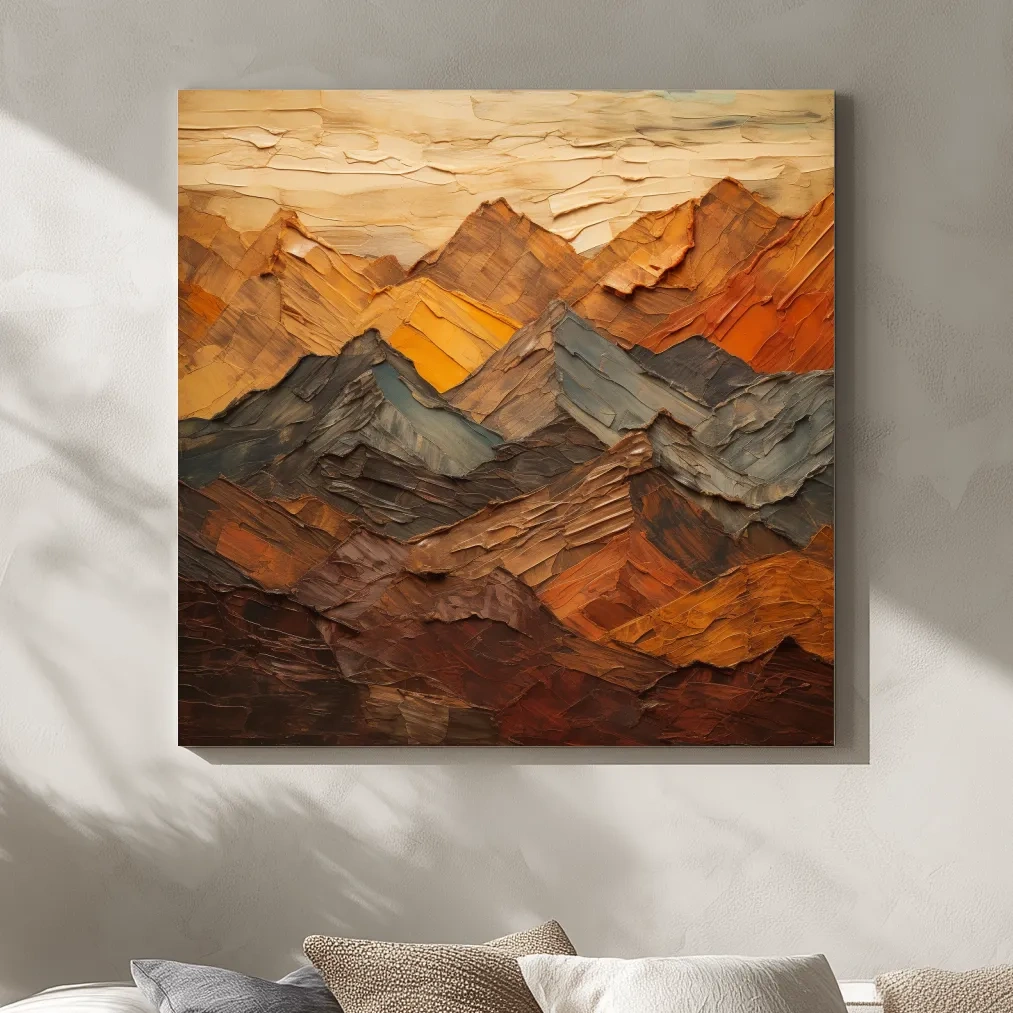 Earthy coloured mountains artwork, textured impasto painting effect