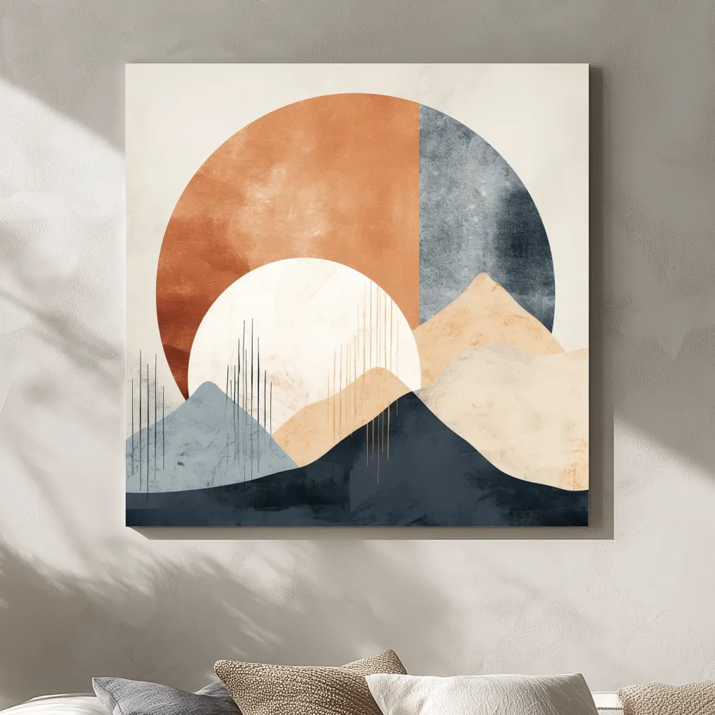 Abstract shapes forming mountains, mid century style artwork, earthy tones