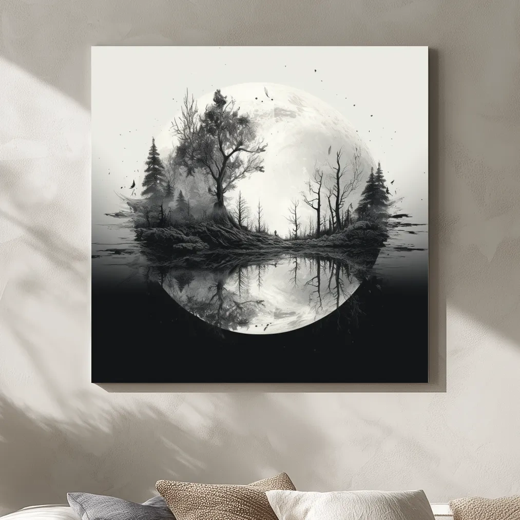 Surreal double exposure moon and forest drawing artwork