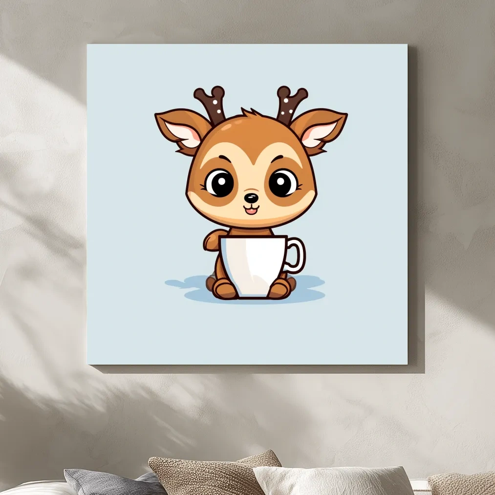 Cartoon illustration of a cute baby deer having morning coffee