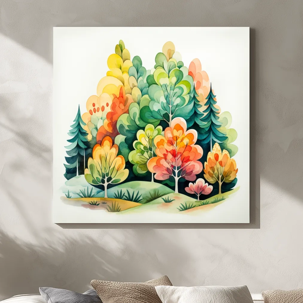 Colorful forest art, watercolor style illustration