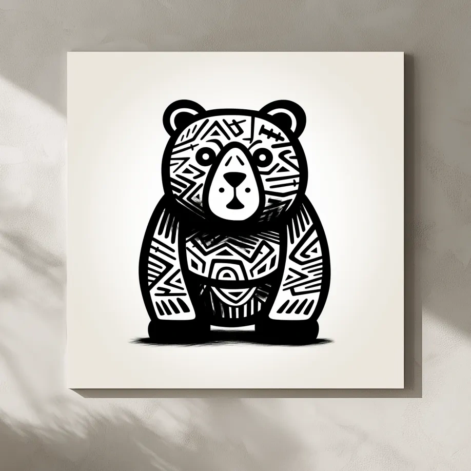 Tribal Pattern Bear Illustration - Quirky Black And White Animal Wall Art