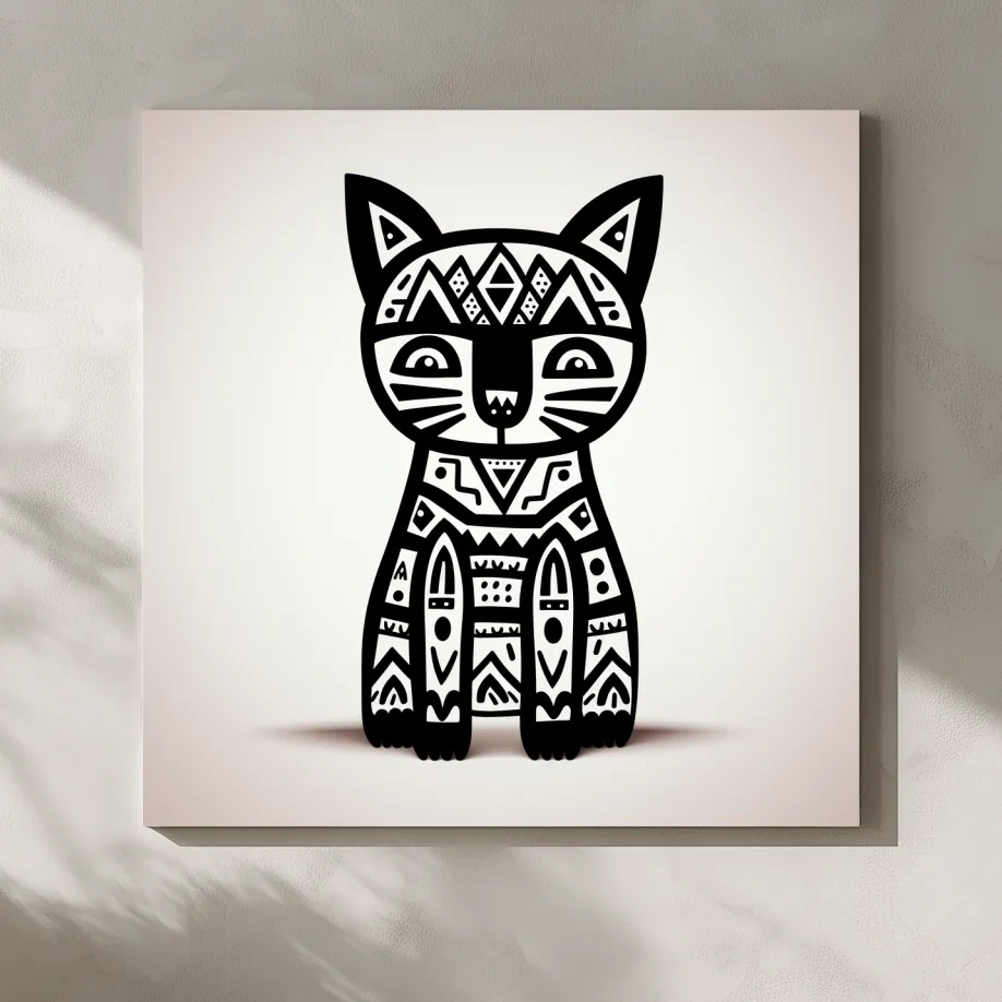 Tribal Geometric Cat Illustration - Black And White Quirky Animal Wall Art