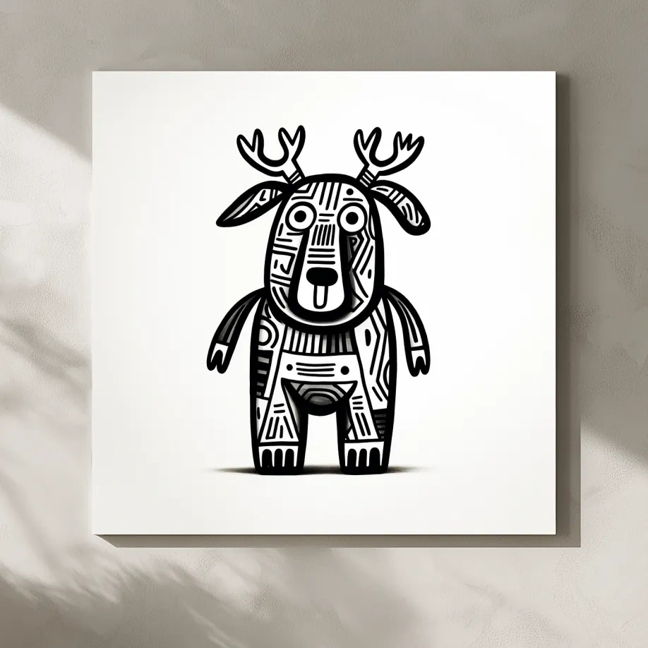 Whimsical Tribal Deer Illustration - Quirky Black And White Animal Wall Art