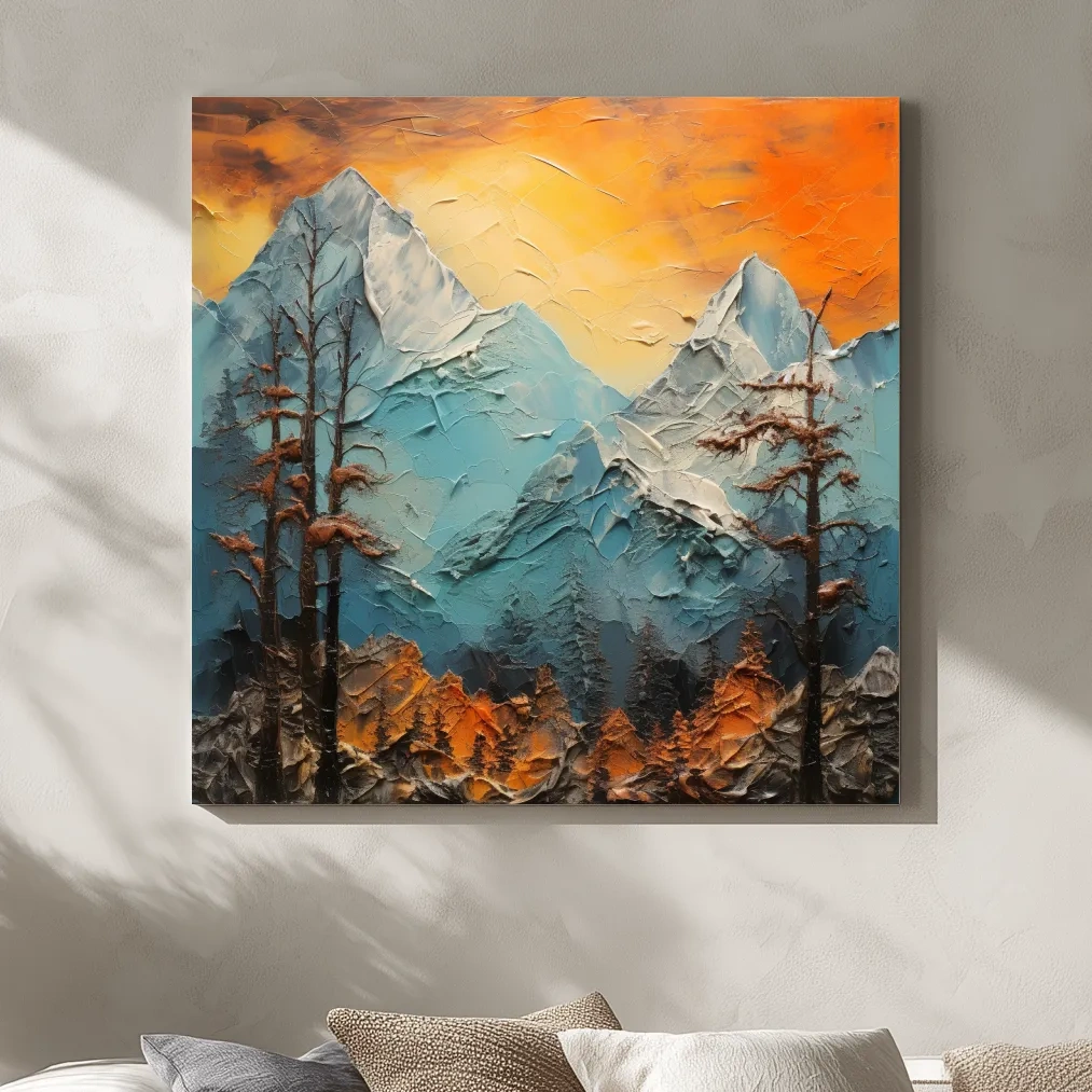Mountains at sunset, thick impasto textured oil painting print