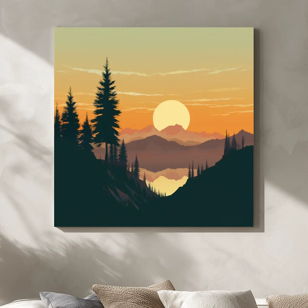 Mimimal mountain art, sunset over the alpine trees