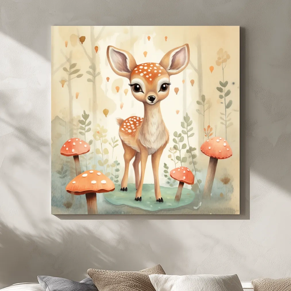 Nursery art, illustration of a cute baby fawn in the forest