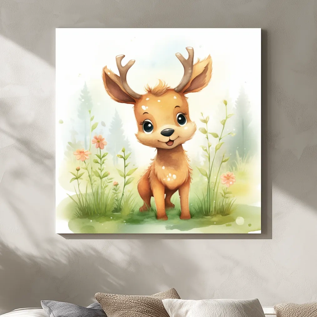 Water color nursery art painting, a cute baby deer sitting in the forest