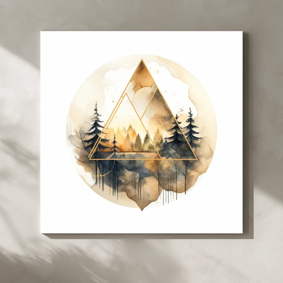 Geometric Watercolor Mountain Forest Landscape - Modern Rustic Nature Wall Art
