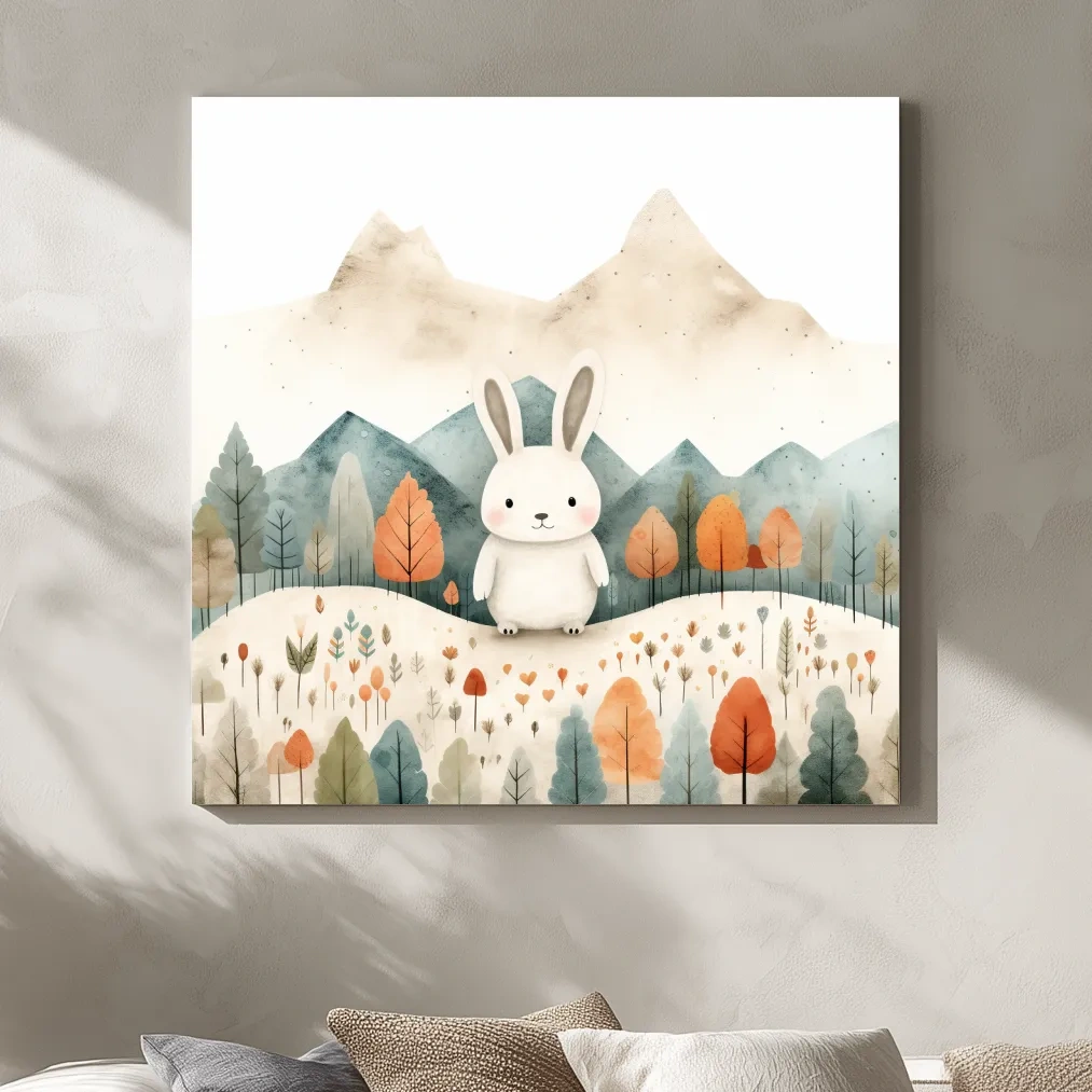 Cute Watercolor Bunny In Mountain Forest - Whimsical Nursery Woodland Wall Art