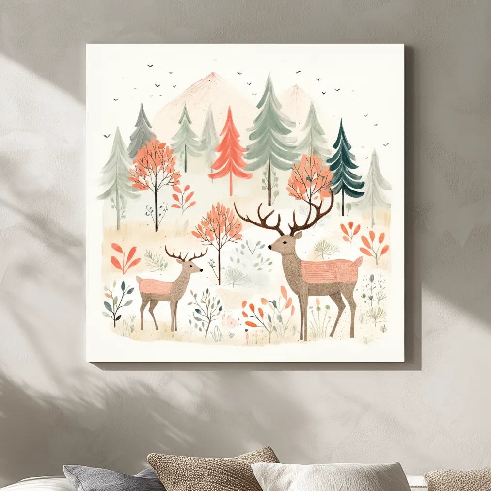 Whimsical Watercolor Deer Forest Storybook Scene - Scandinavian Woodland Nursery Wall Art