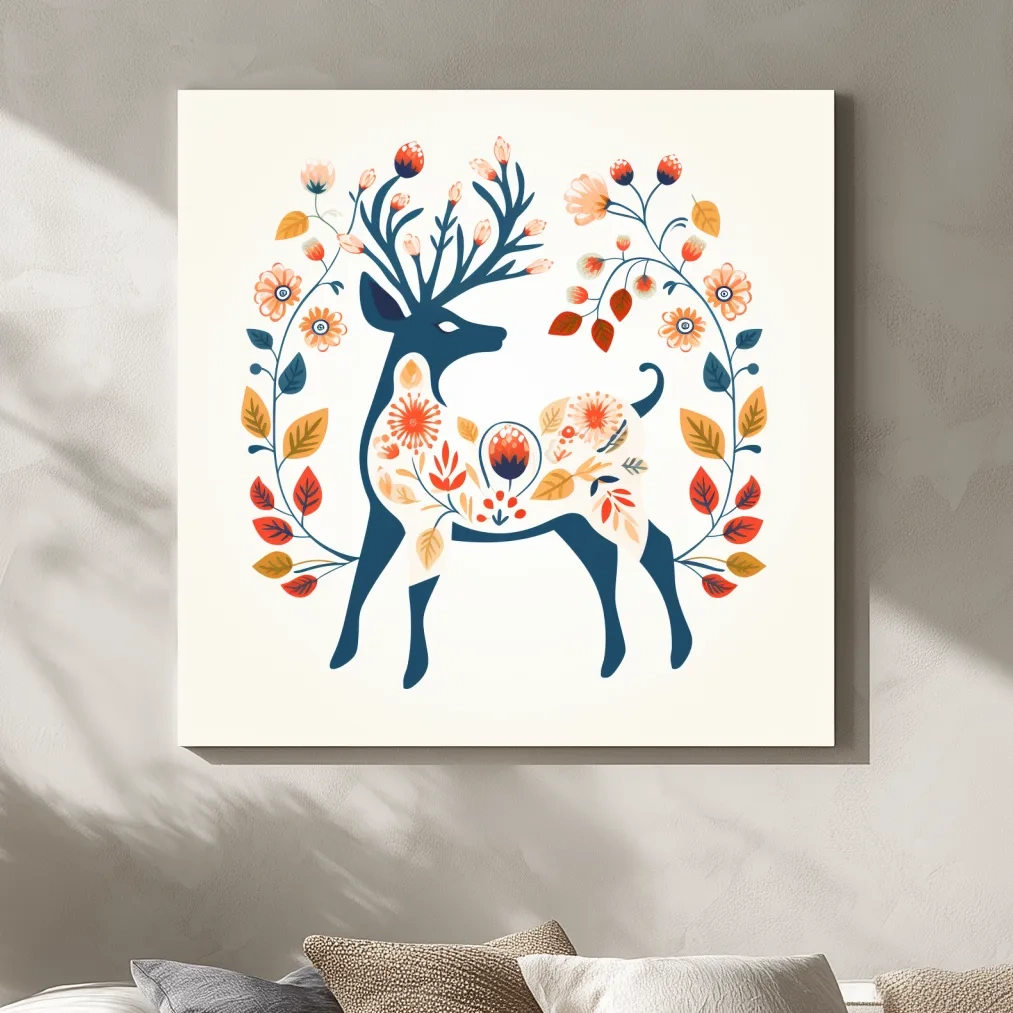 Deer and flowers print, folk style artwork