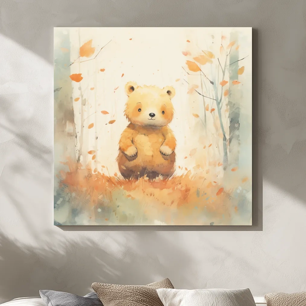 Cute bear cub in the forest, nursery watercolour style illustration art