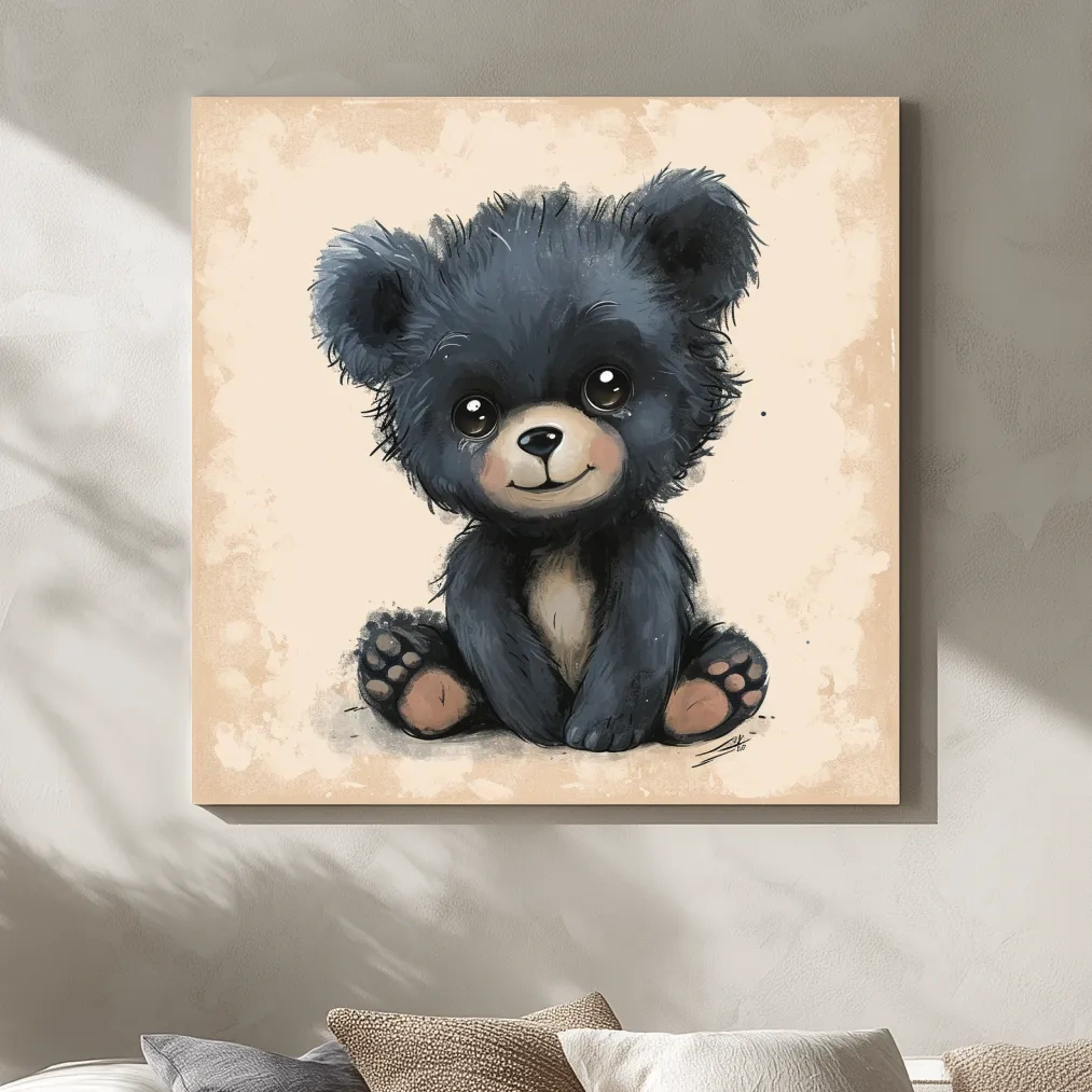 Nursery artwork, painting of a cute baby black bear cub
