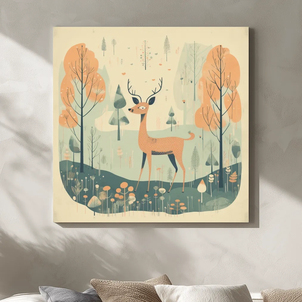 Deer artwork illustration for a nursery, folk art style